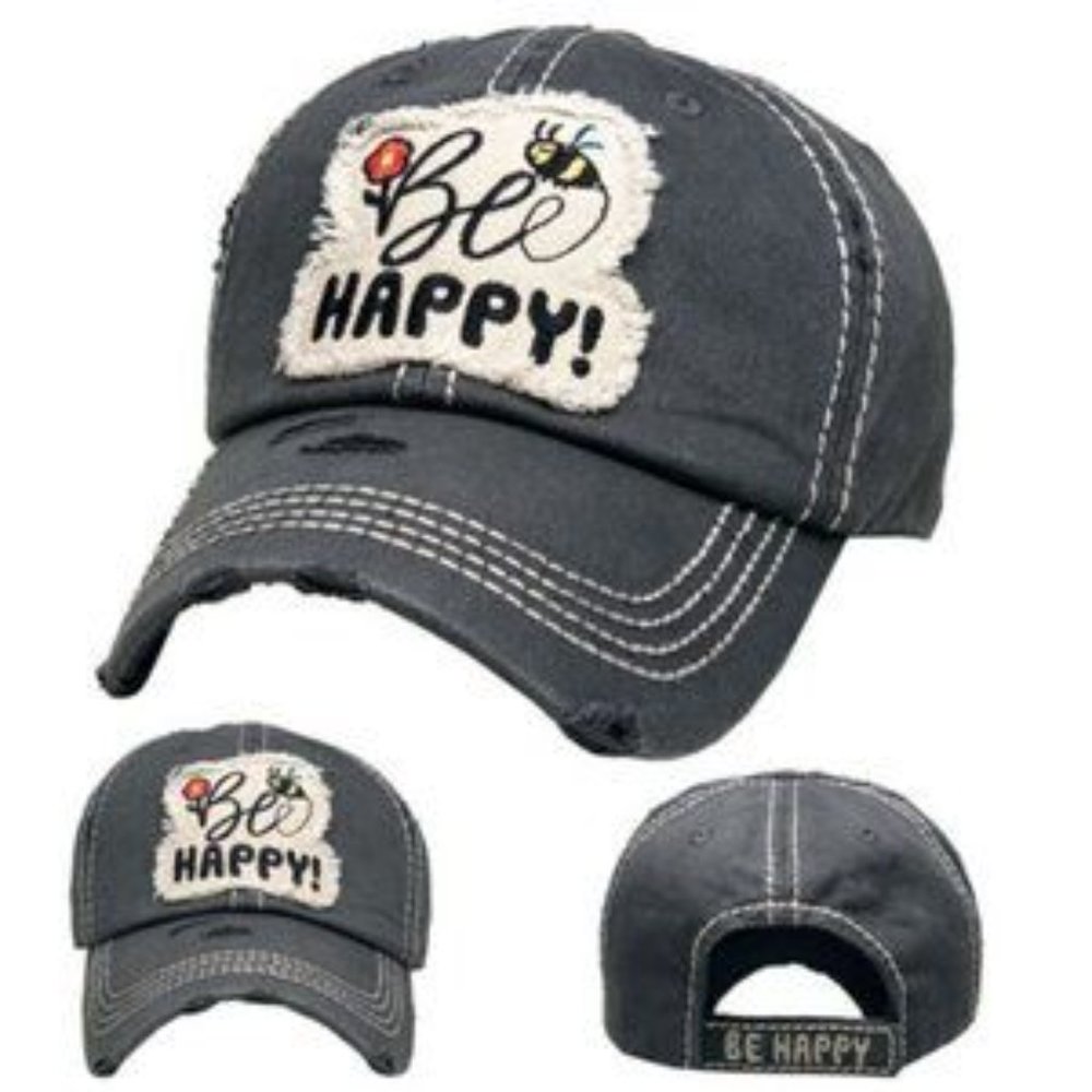 NWT Distressed Bee Happy Black Cap - Picture 4 of 4